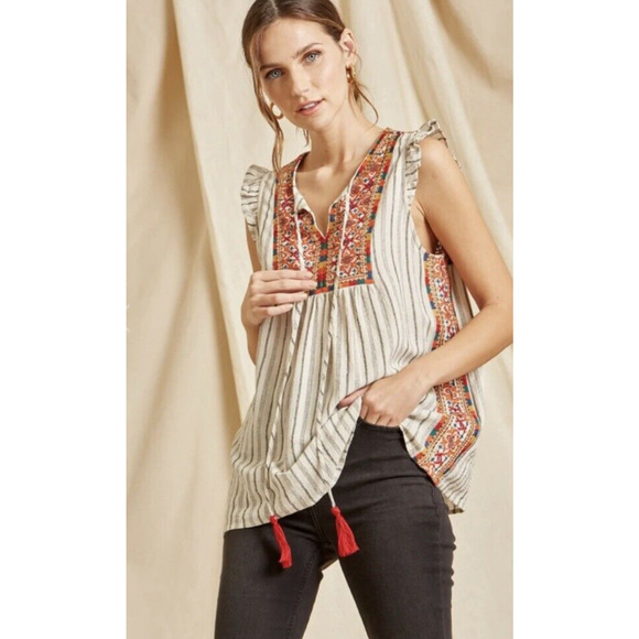 savanna Jane Tops - Savanna Jane Women Embroidered Short Sleeve Tassel Peasant Blouse Top Large